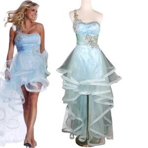 Sherri Hill Prom Dress Womens 4 Blue 1 Shoulder Jeweled Layered Long Tulle Gown
